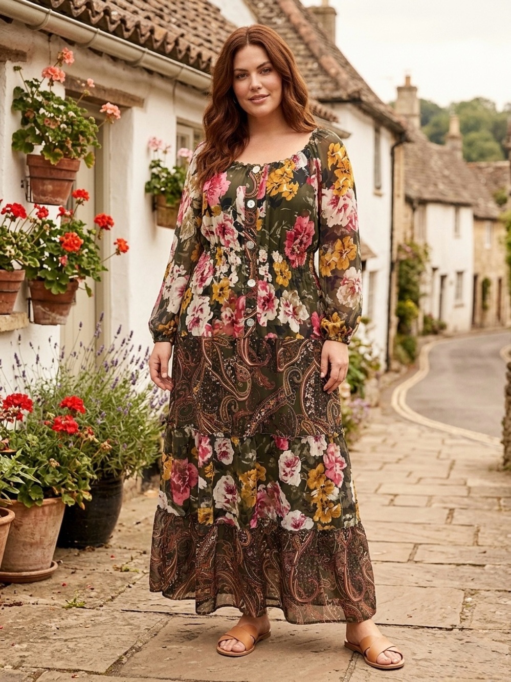 Olive Floral Tiered Maxi Dress with Pink & Yellow Blooms